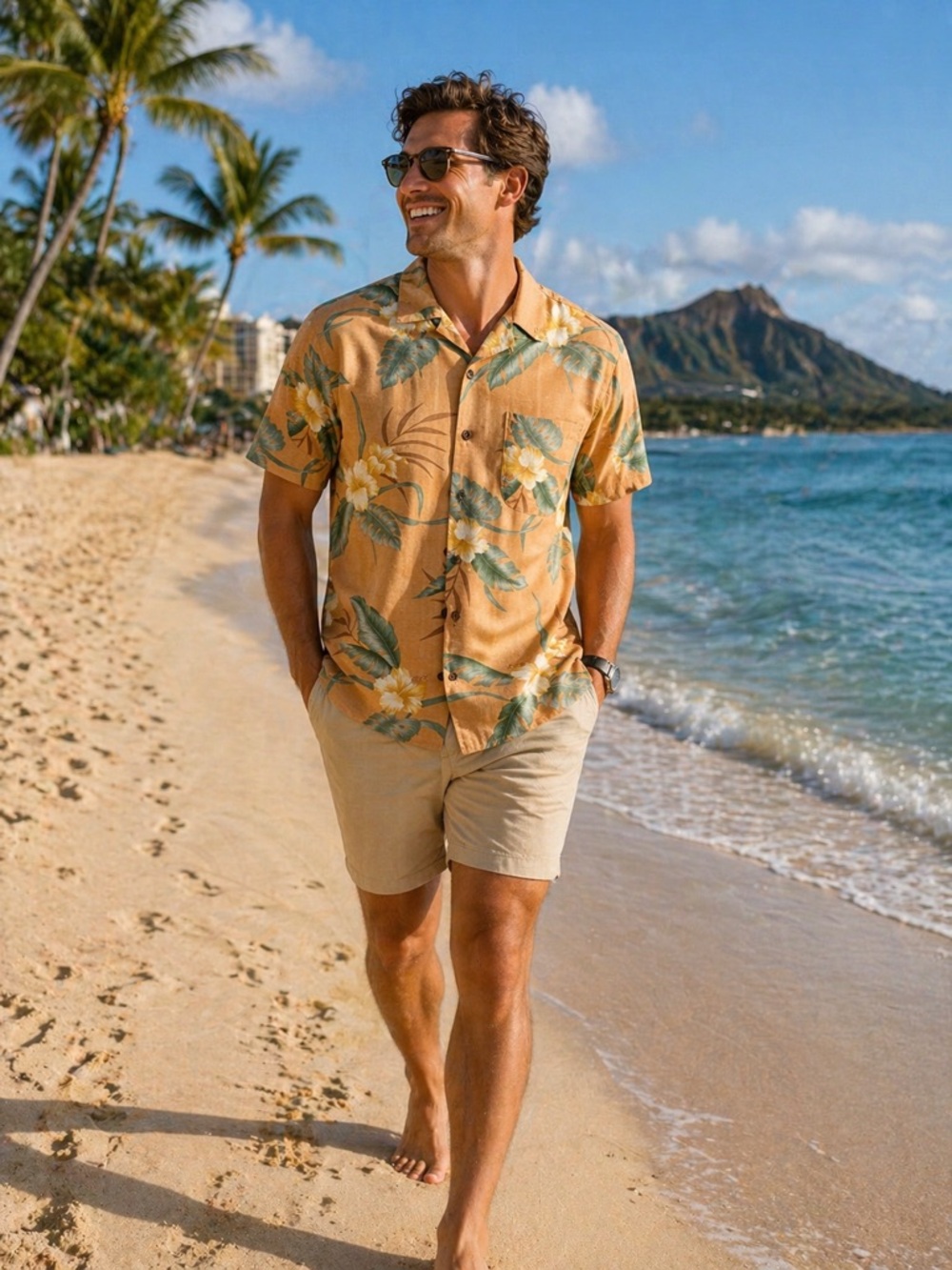 Tommy Bahama Peach and Green Floral Silk Camp Shirt Medium